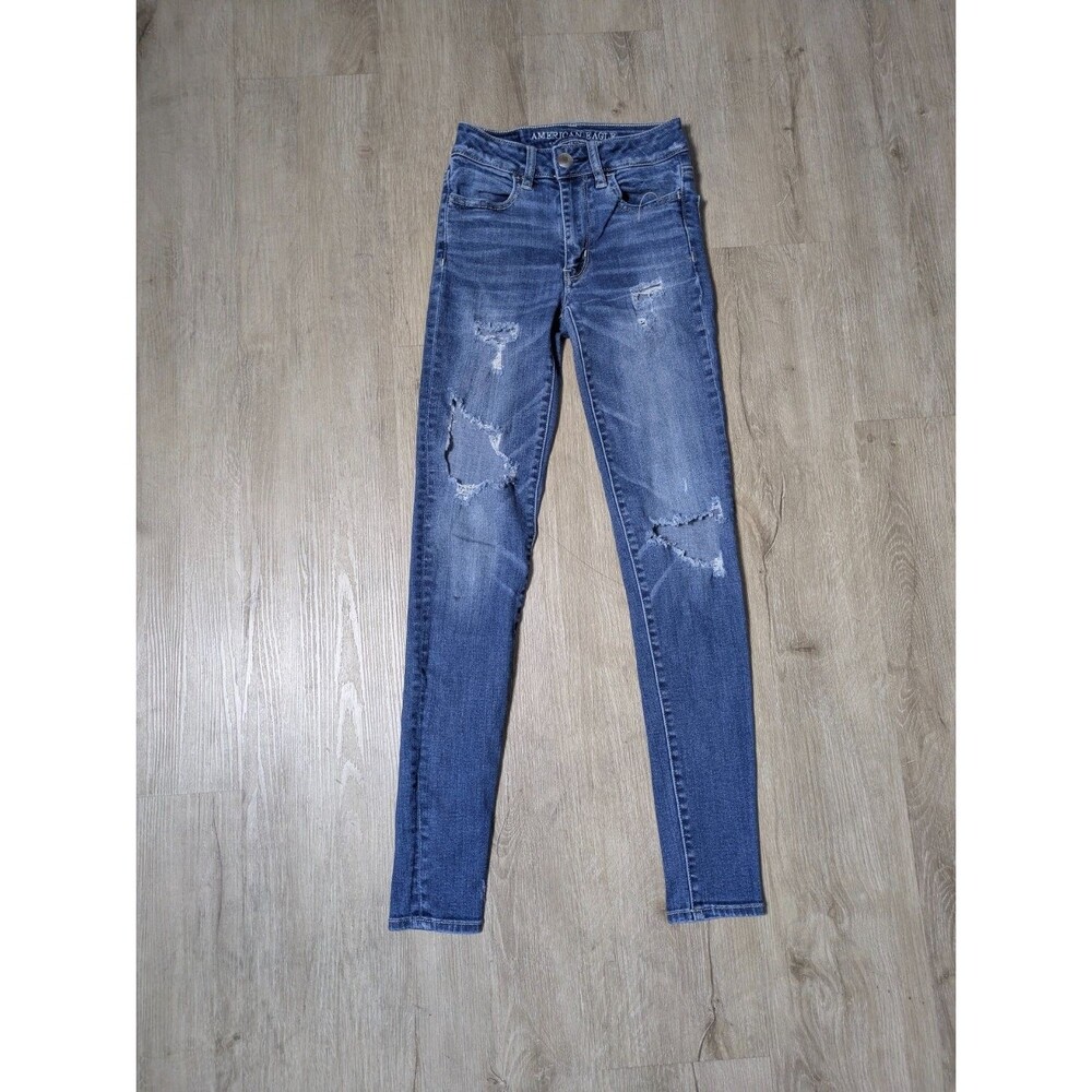 American Eagle Super Stretch Sz 00 Distressed Skinny Jeans Blue Denim